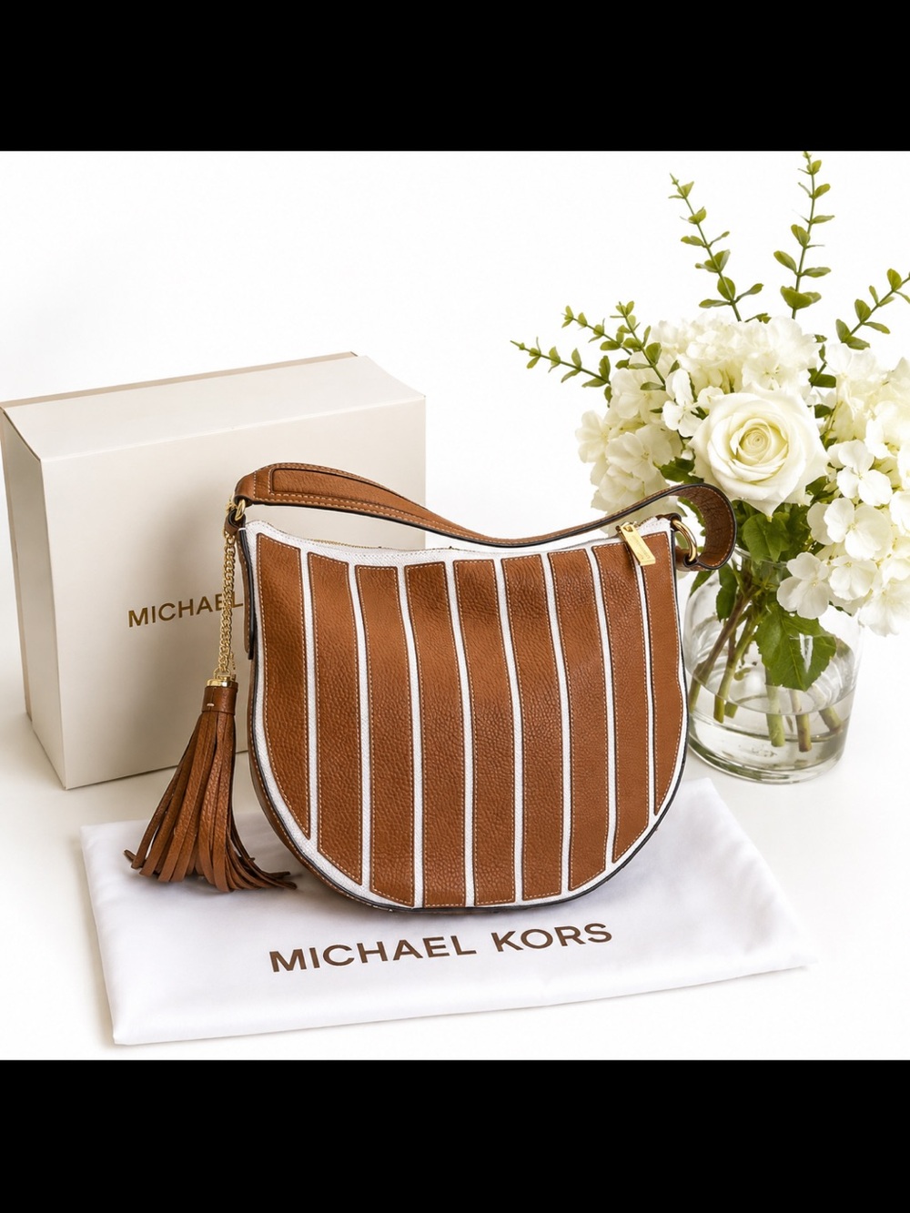 Michael Kors Brown and White Striped Leather Shoulder Hobo with Tassel